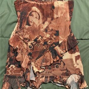 Women's Brown Graphic Ruffle Slip Dress